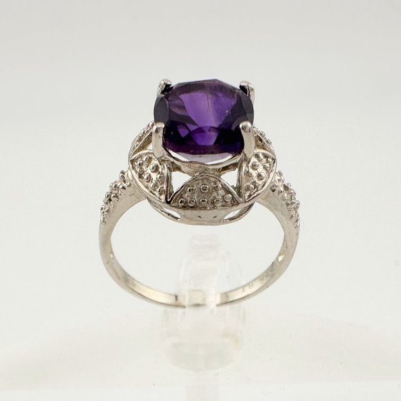 Beautiful Dark Purple Amethyst and Diamond Accent Ring - Sterling Silver Size 7. - Picture 6 of 16